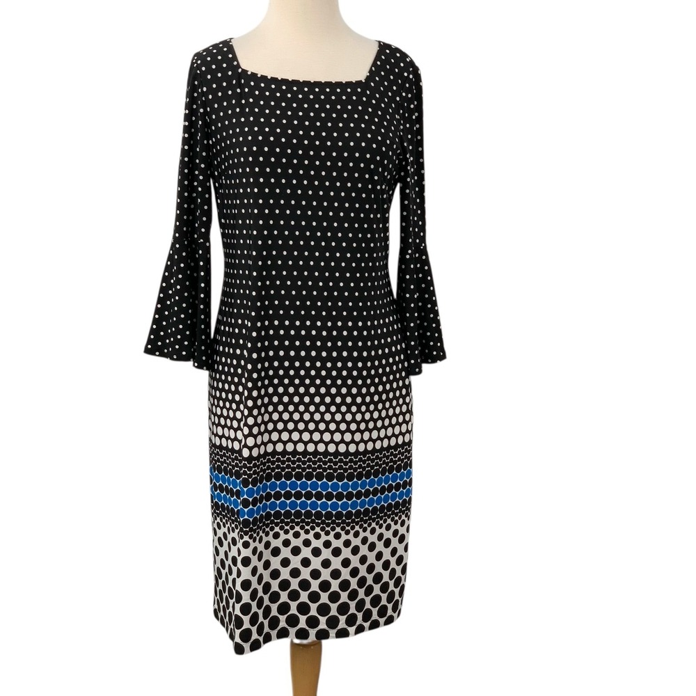 Ronni Nicole 3/4 Bell Sleeve Polka Dot Lined Dress Black‎ Blue White Size 6
